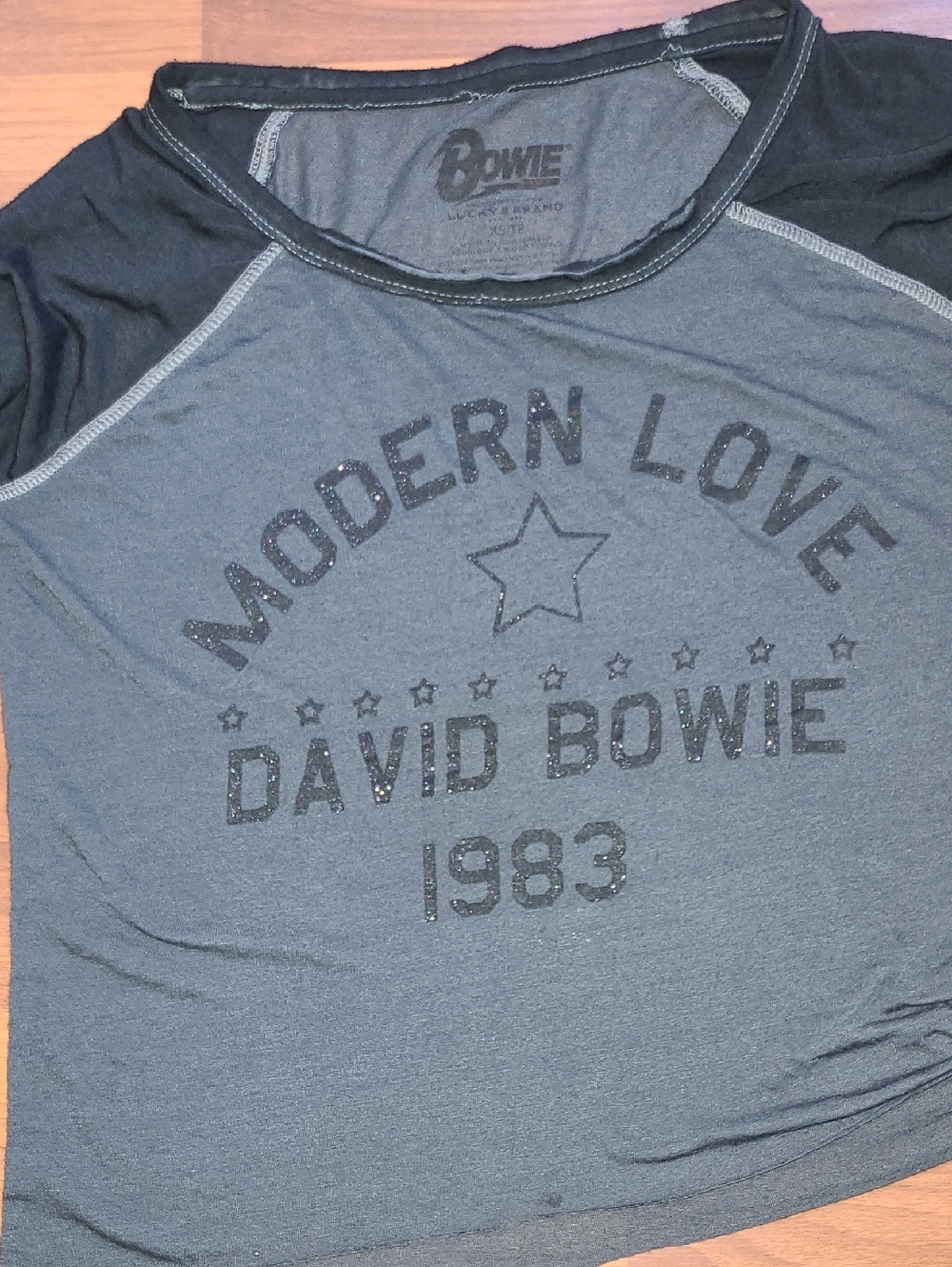 Lucky Brand David Bowie Slate and Black Raglan Graphic Tee